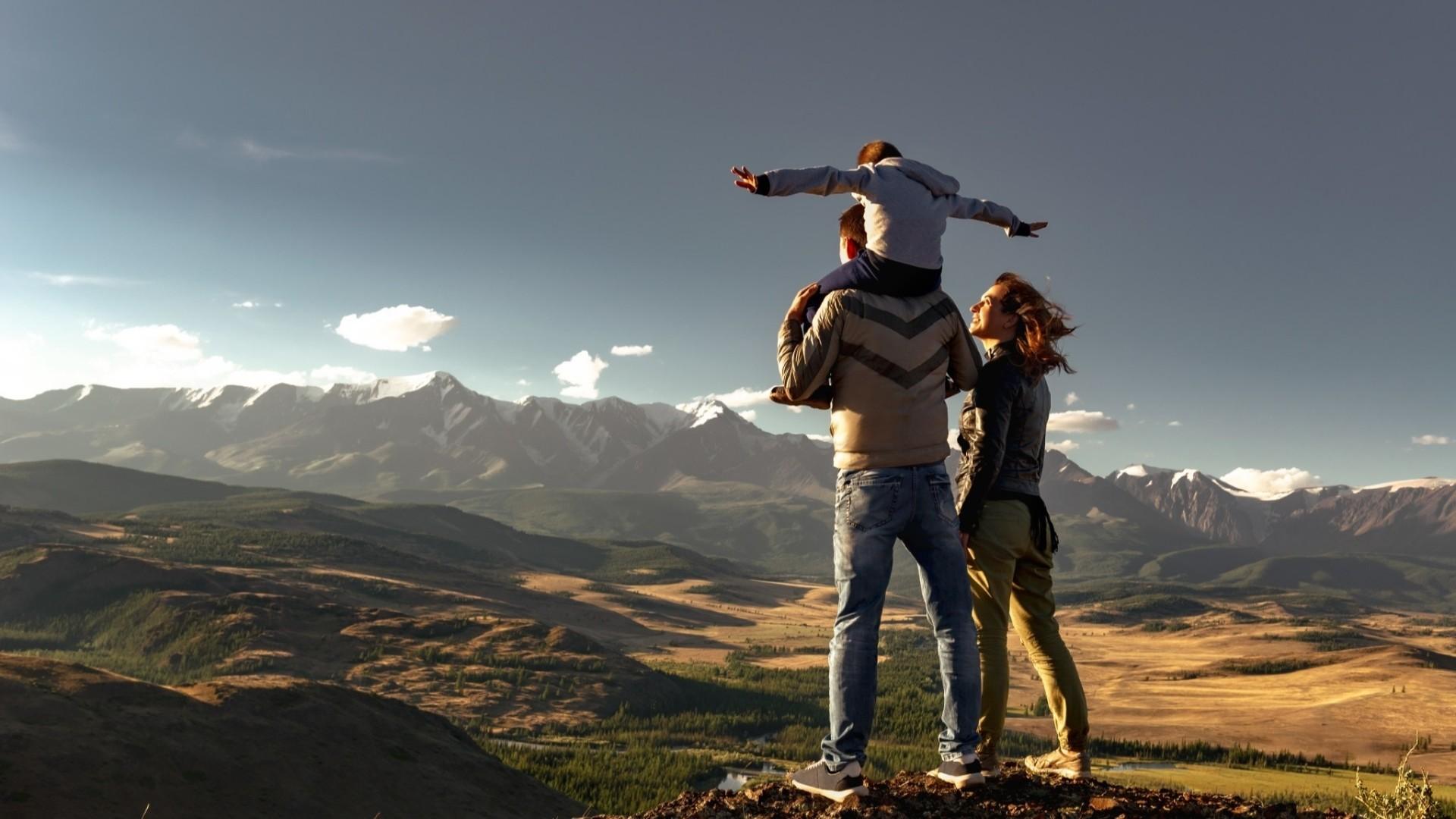 Family traveling in the mountains.