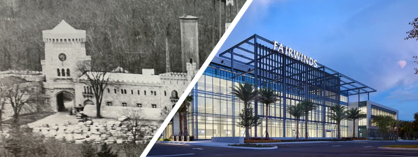 A side by side image of the original Fairwinds building next to the new.