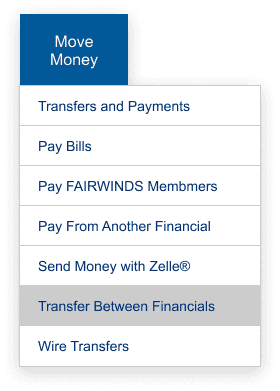 Screenshot of the Move Money Menu in FAIRWINDS Online Banking