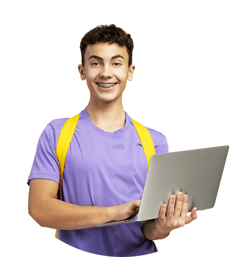 Smiling teenage boy with braces wearing a purple t-shirt and yellow backpack, holding an open laptop and looking at the camera against a transparent background.